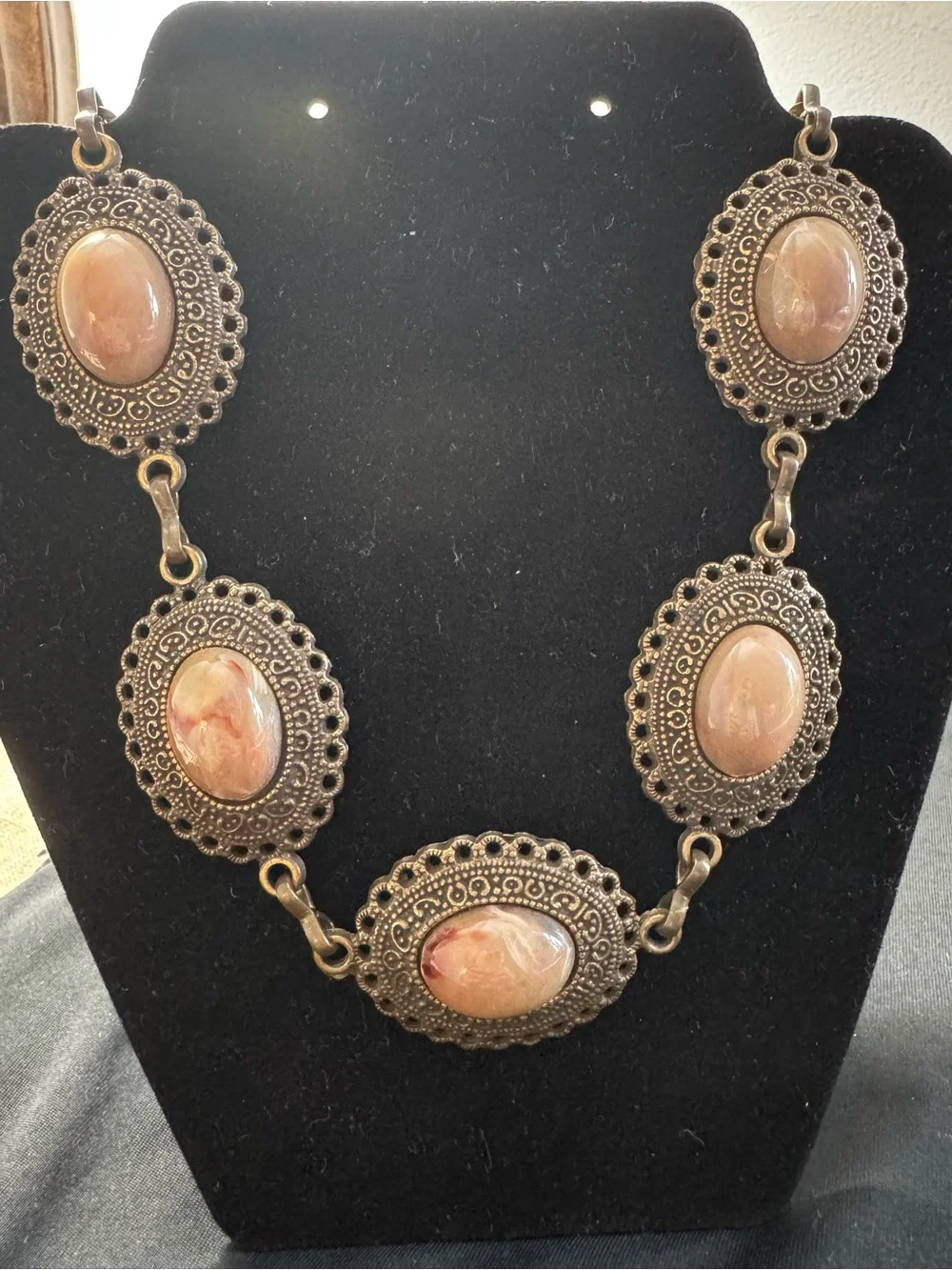 Large Brass Boho Statement Necklace - Marbled Cabochon Medallions